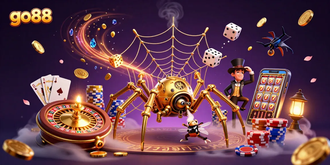 Experience thrilling wins at go88 with a golden spider web of gaming and vibrant casino elements.