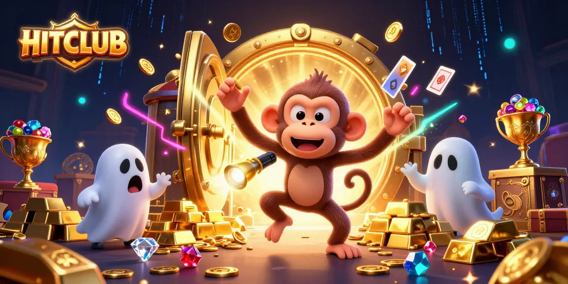 HITCLUB showcases a thrilling casino scene with a playful monkey and ghost-hunting puppy surrounded by fortunes.