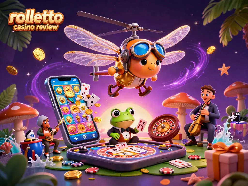 Experience the rolletto casino review with lively characters and vibrant game elements amidst a magical casino scene.