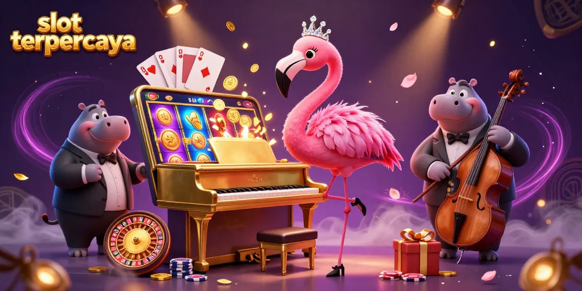 Engage in fun with slot terpercaya featuring a flamingo singer and hippo bassist amid vibrant casino elements.