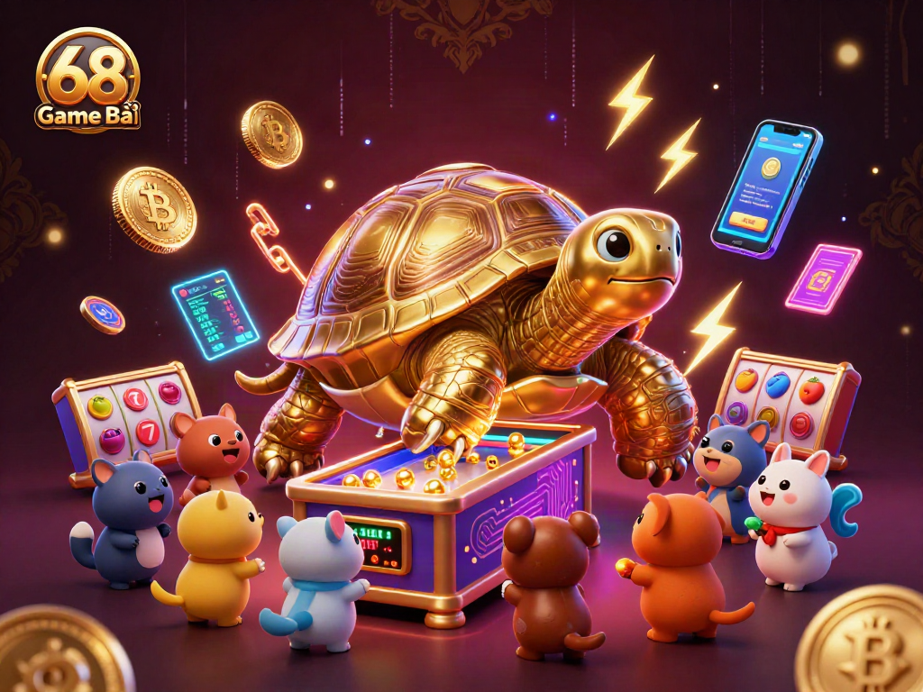 Experience 68 Game Bài in vibrant 3D with animated characters and glowing crypto elements.