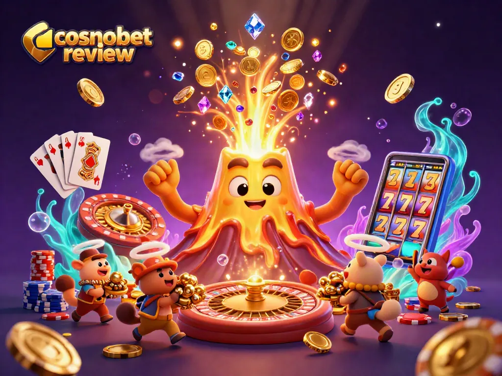 Engaging cosmobet review showcasing 3D cartoon volcano erupting coins amidst vibrant casino elements.