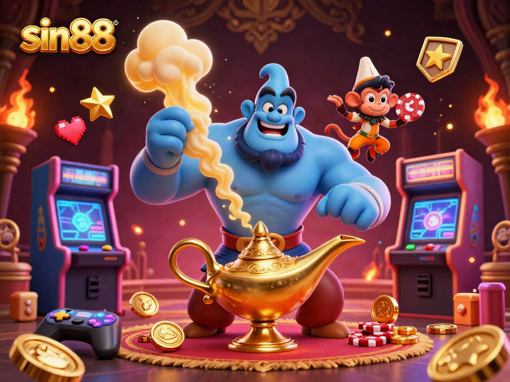 Engage with exciting casino adventures at sin88 featuring a genie, monkey, and poker chips.