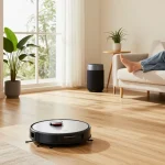 Roborock 2026 robot vacuum smoothly navigating a tech-savvy living room while a homeowner relaxes in a modern setting.