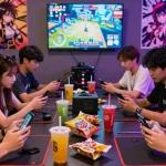 Players enjoying a hentai game in a colorful gaming room, surrounded by anime art.