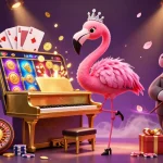 Engage in fun with slot terpercaya featuring a flamingo singer and hippo bassist amid vibrant casino elements.