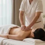 Professional therapist providing a 수원출장마사지 in a calming spa atmosphere with candles and soft light.