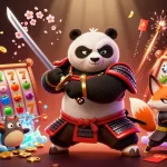 Join hitclub's fierce samurai panda and friends in a thrilling slot adventure, surrounded by dazzling casino symbols.