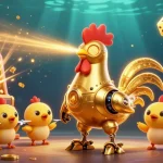 SUNWIN showcases a golden rooster robot and chick drones in a dazzling jackpot scene with slots and coins