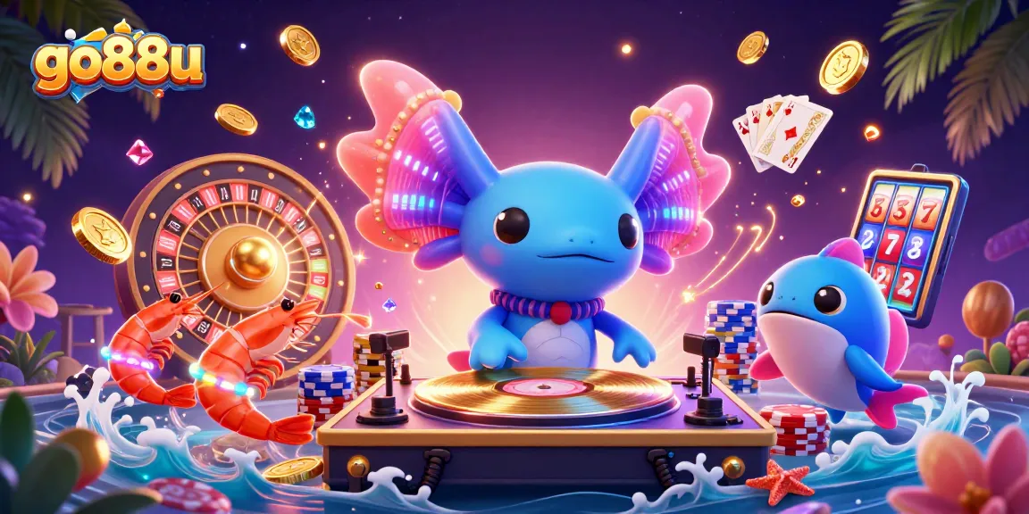 Betting fun with go88u, featuring vibrant characters and casino elements in an underwater DJ party.